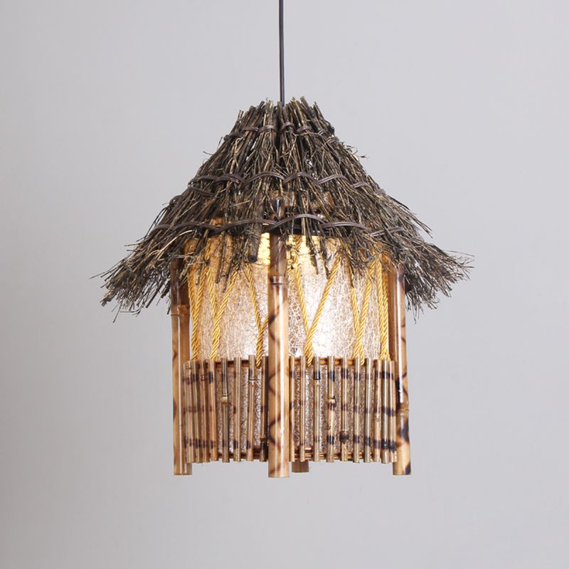 1 Head Handcrafted Pendant Light Chinese Wood Suspended Lighting Fixture in Brown