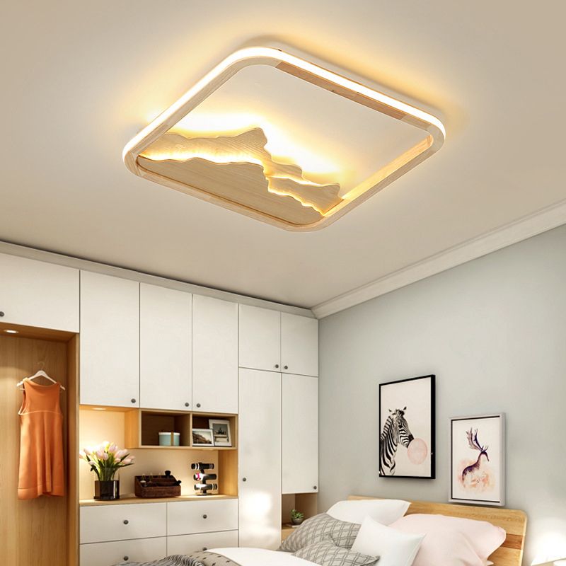 Holz Rechteck Flush Decke Licht Chinesisches Schlafzimmer LED Flush Montage Beleuchtung Armatur mit Berg-Dekor