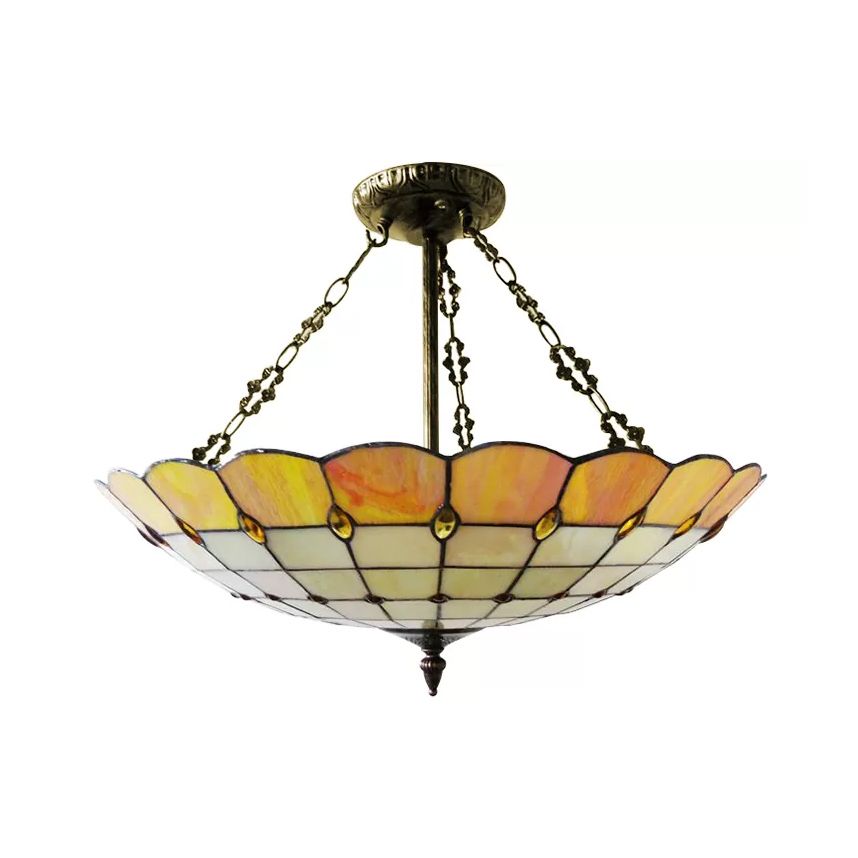 Plafonnier de chambre à coucher en verre, éclairage semi-encastré en forme de dôme à 4 lumières de style Tiffany en cuivre antique, 8" de haut x 19,5" de diamètre