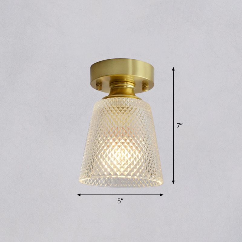 Brass Finish 1-Head Ceiling Mounted Light Minimalist Carved Glass Shaded Semi Flush Mount Lamp for Corridor