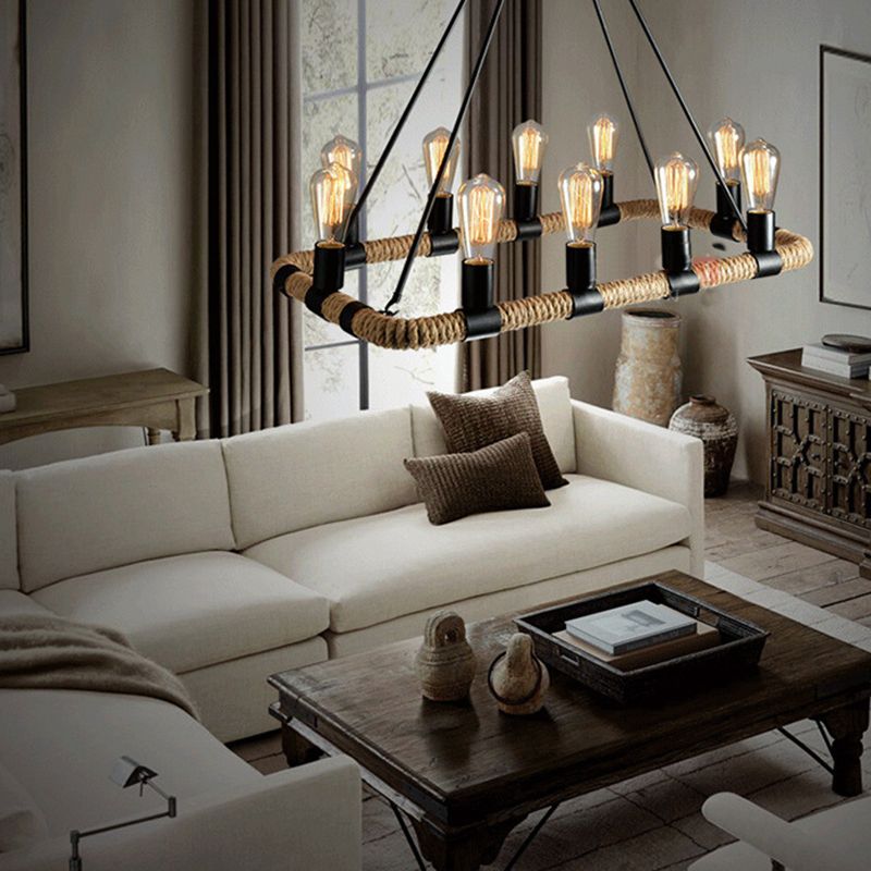 Rectangular Hemp Rope Island Lamp Industrial 10-Light Dining Room Suspension Light