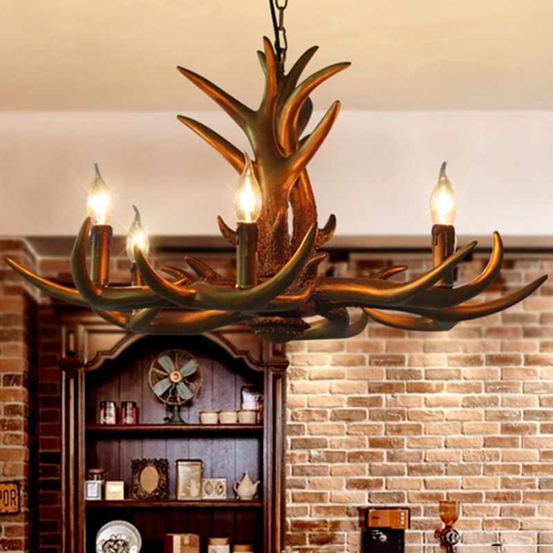 Countryside Antler Hanging Pendant 6 Lights Resin Ceiling Chandelier in Gold for Living Room