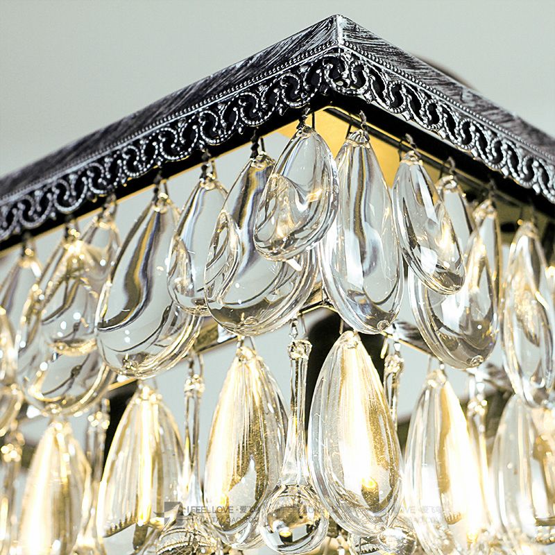 Silver Rectangle Hanging Ceiling Light Modernism Teardrop Crystal 4/6 Heads Living Room Island Light