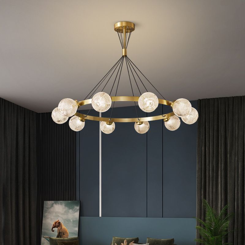 Lattice Glass Ball Chandelier Postmodern Style Brass Ceiling Light for Living Room
