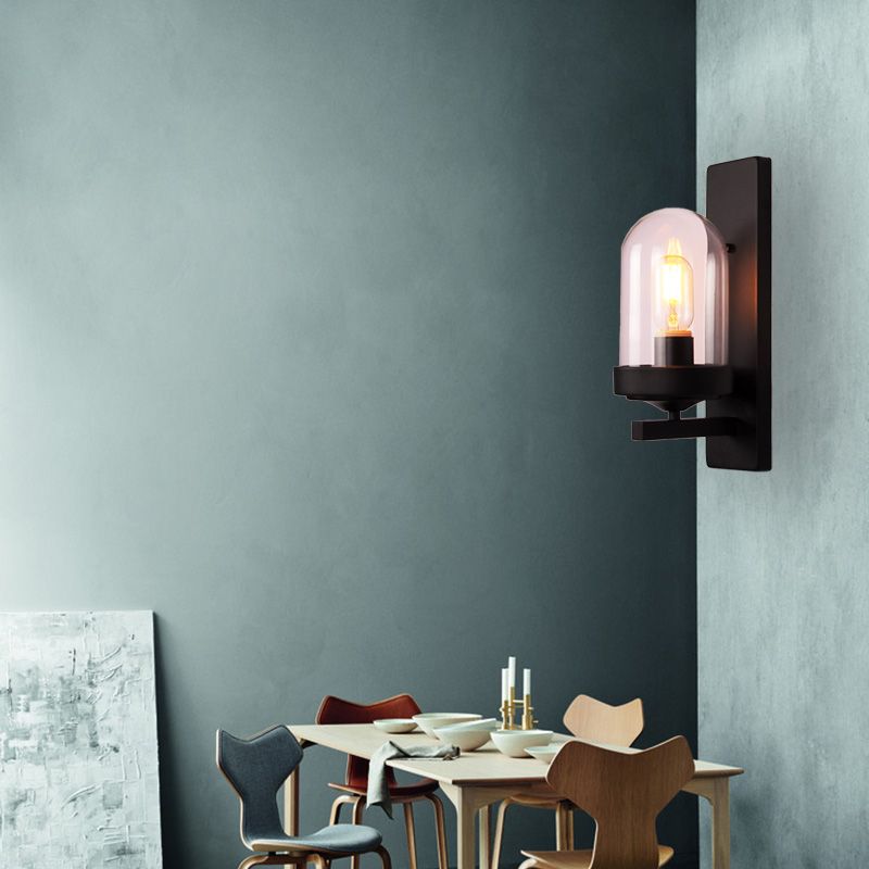 Une application en verre transparent transparent vintage vase noir industriel / cage à oiseaux / lampe murale du couloir ovale