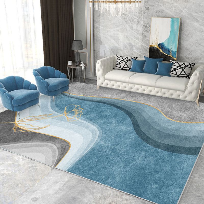 Blue Tone Causal Indoor Rug Polyester Blooming Effect Carpet Washable Rug for Home Decoration