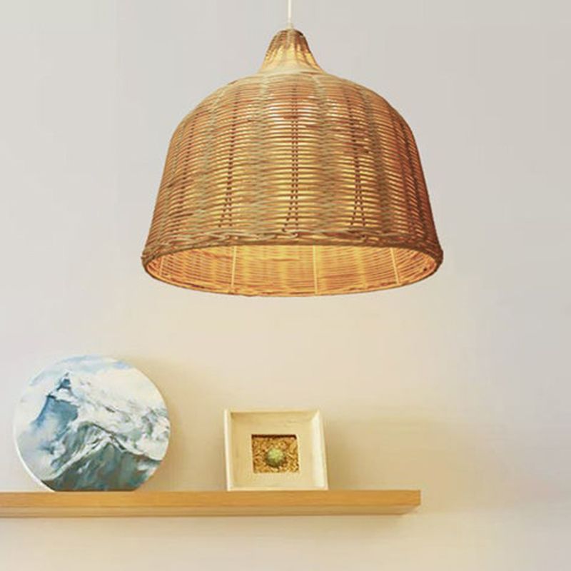 Modern Cloche Shaped Hanging Lamp Bamboo 1-Light Bedroom Ceiling Light Fixture in Wood
