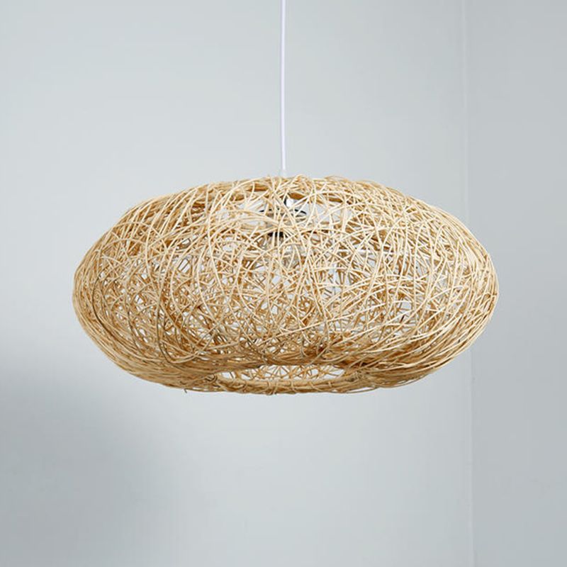 1 Light Rounded Drum Hanging Ceiling Lights Chinese Rattan Suspension Pendant Light for Restaurant