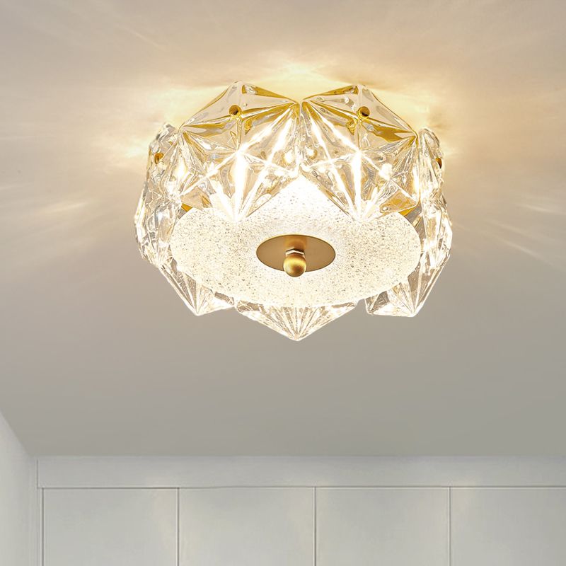 LED Doorway Ceiling Light Fixture Modern Gold Flush Mount Lamp with Hexagon Clear Crystal Shade