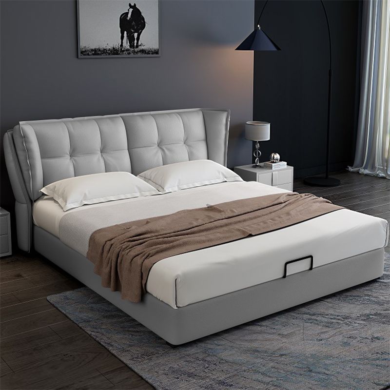 Modern Grey Wingback Bed with Rectangle Faux Leather Headboard