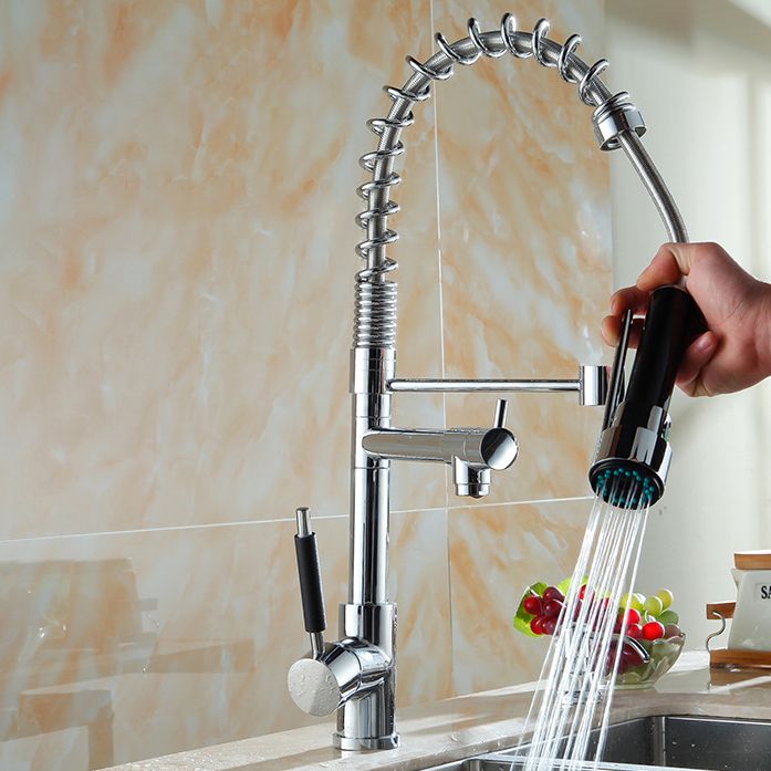 Pre-rinse Spring Spout Kitchen Sink Faucet Copper Swivel Spout with Pull out Sprayer