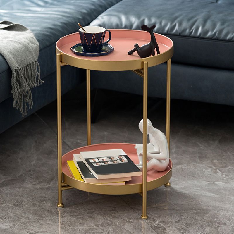 Mid-Century Round Tray Top Side Table Metal 4 Legs End Table with Shelf