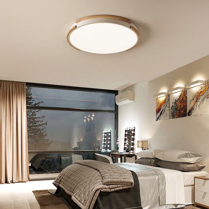 Lámpara de techo LED de madera de estilo moderno con montaje empotrado redondo blanco con difusor acrílico para sala de estar, 12,5"/16,5"/20,5" de ancho