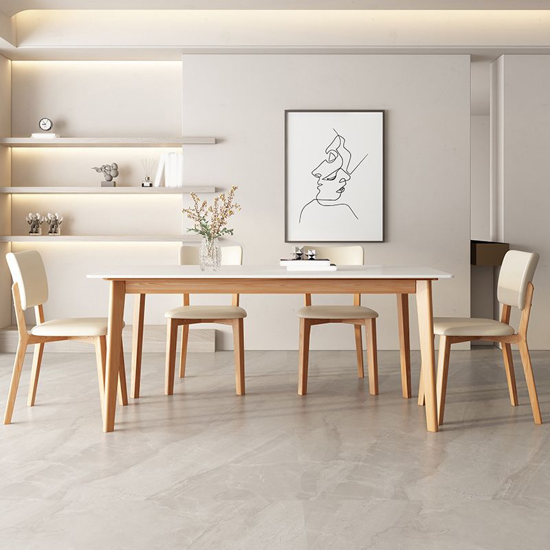 Modern Rectangular Stone Top Dining Table with 4 Natural Beech Base