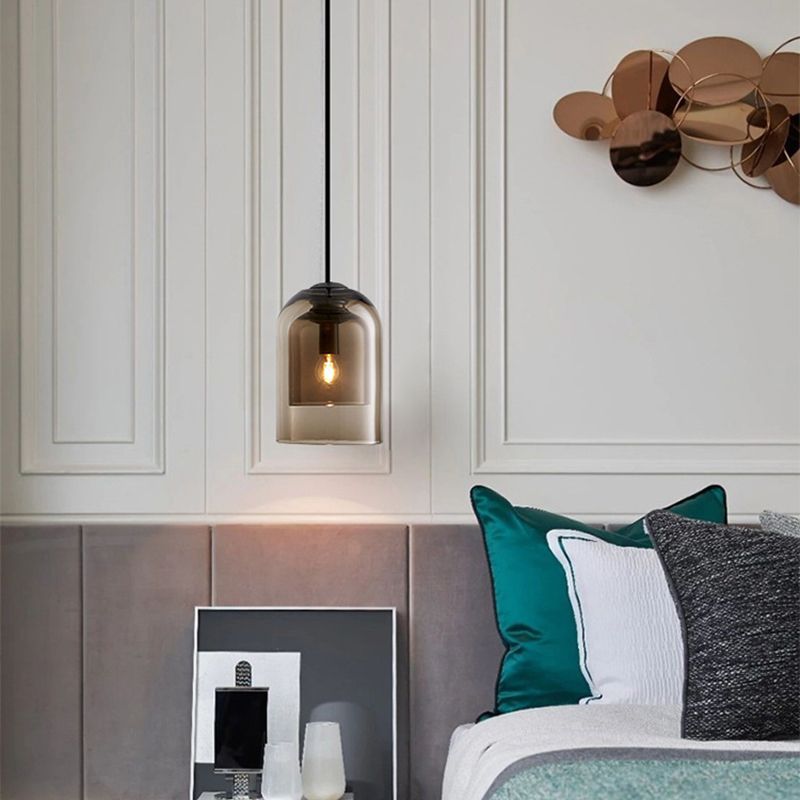 Bedroom Pendant Ceiling Light Modern Style Amber Hanging Lamp Kit with Bell Glass Shade