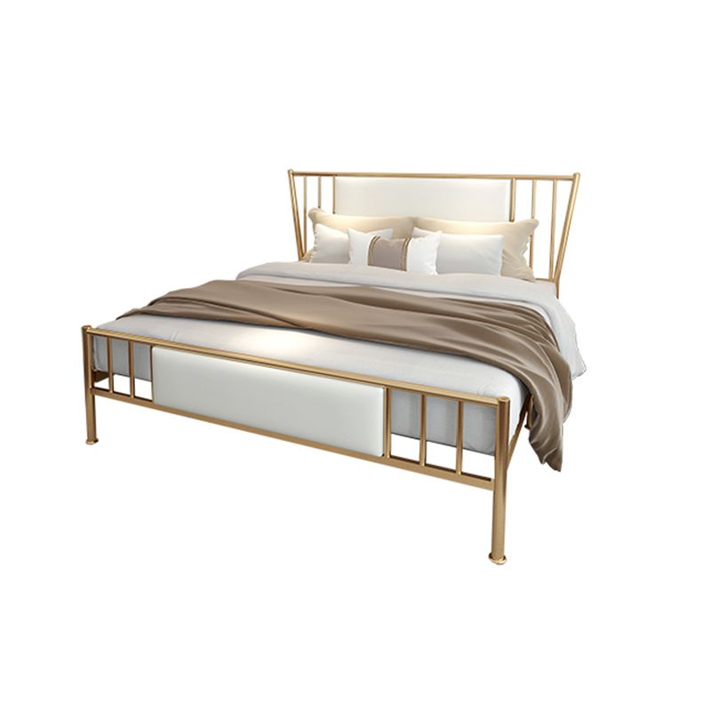 White Upholstered Bed with Headboard Low Profile Bed with Metal Legs