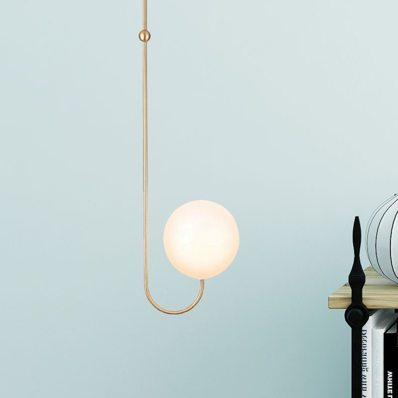 1 Bulb Bedroom Hanging Pendant Lamp with Ball White Glass Shade Contemporary Gold Suspension Light