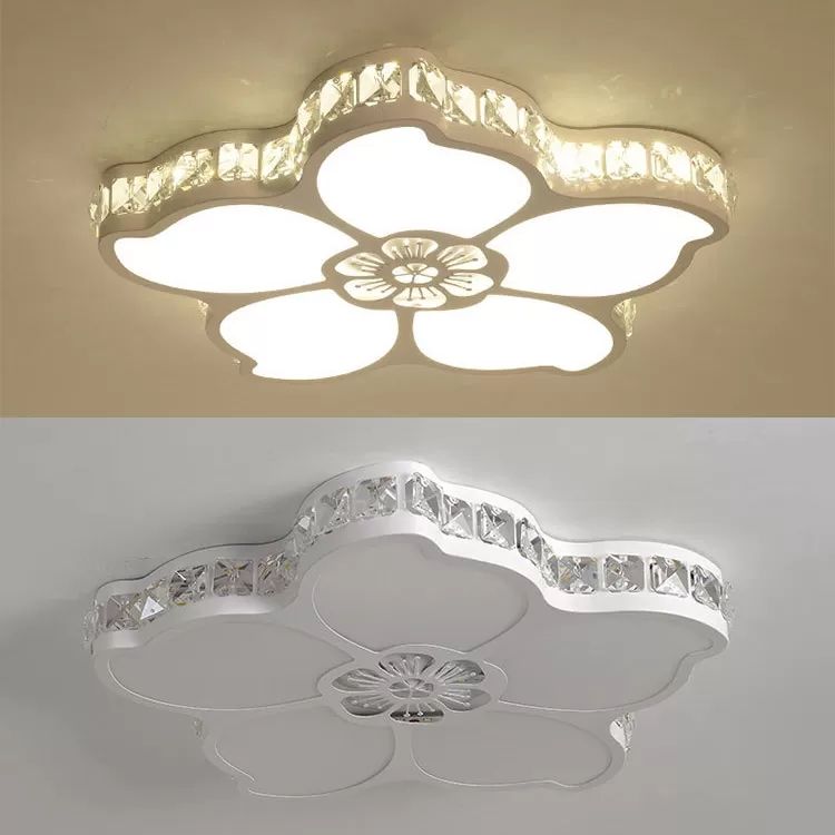 Plafonnier pétale en acrylique avec cristal clair, plafonnier LED pour enfants, en blanc, pour chambre à coucher