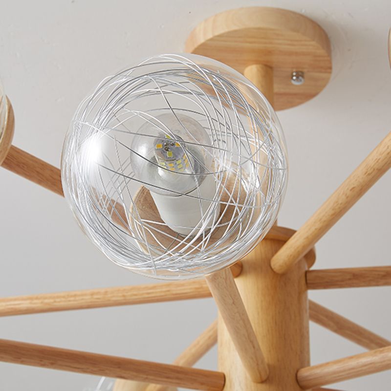 Creative Simple Style Wooden Chandelier Ceiling Hanging Light with Glass Shade