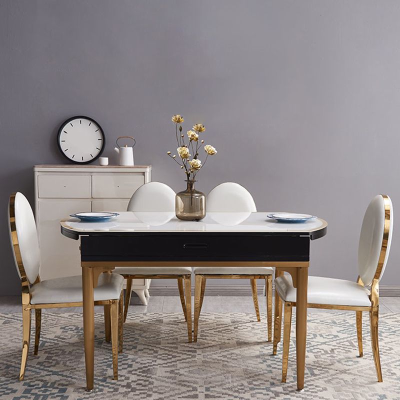 Contemporary White Round Glass Top Dining Table with Double Drop Leaf