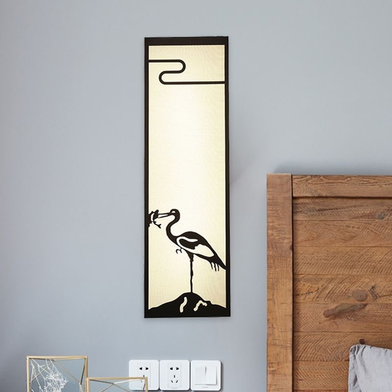 3-Light Bedroom Crane Wall Mounted Light Oriental Style Black Mural Lamp with Cuboid Fabric Shade