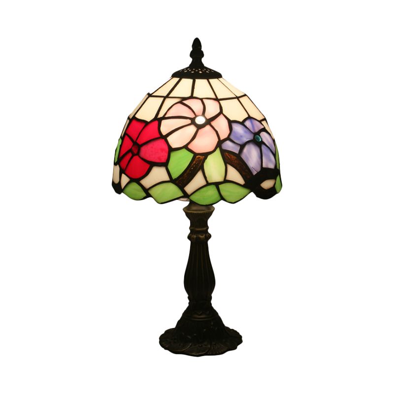 1 Light Bedside Night Table Light Tiffany Bronze Petal Patterned Nightstand Lighting with Dome Stained Glass Shade