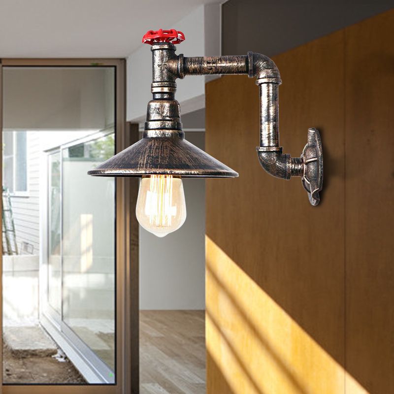 Wrought Iron Water Pipe Wall Lamp with Saucer Shade Retro Vintage 1 Light Balcony Wall Sconce Lighting in Aged Bronze