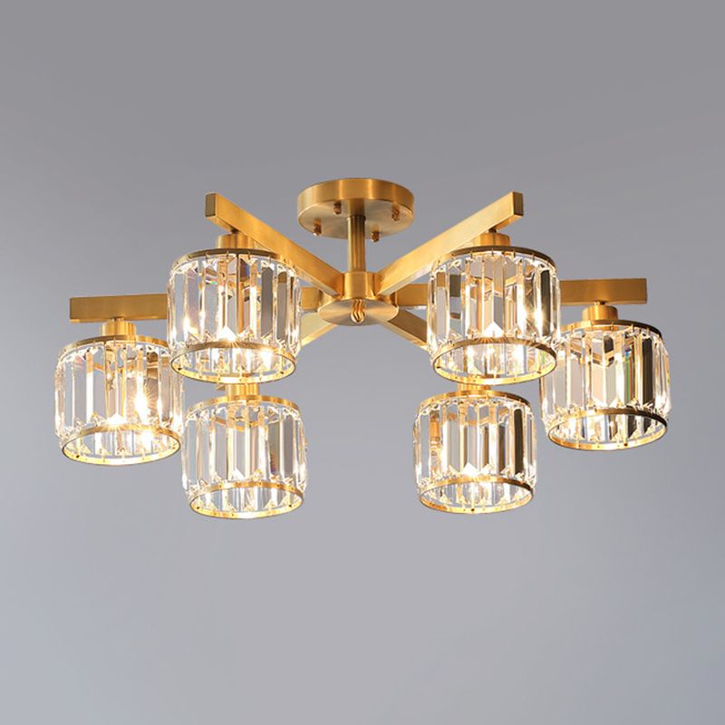 Radial Metallic Semi Flush Light Modern Gold Ceiling Flush Mount with Cylinder Tri-Prism Crystal Shade