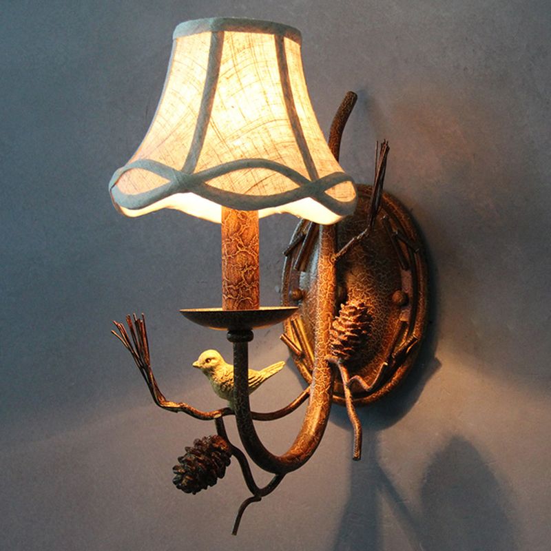 Flared Restaurant Wall Mount Light Traditional Fabric Brown Wall Light with Decorative Bird and Pinecone