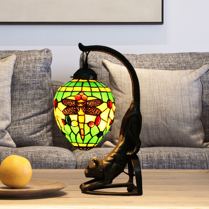 Cut Glass Dragonfly Desk Lighting Baroque Style 1 Light Red/Green Cat Table Light for Bedroom