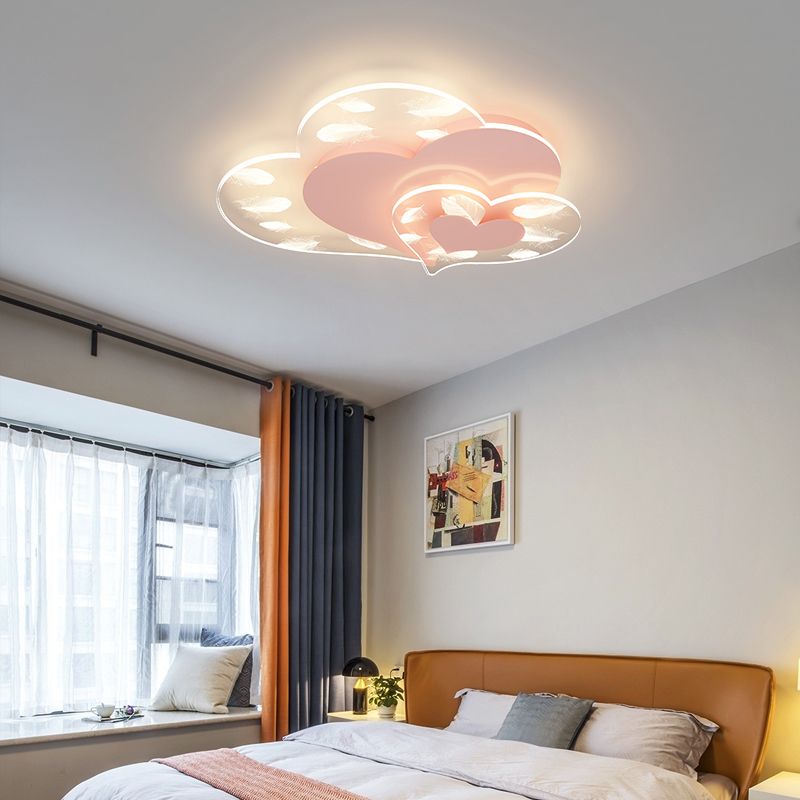 Acrylic Heart-Shaped LED Flush Mount in Modern Creative Style Iron Feather Ceiling Light for Bedroom