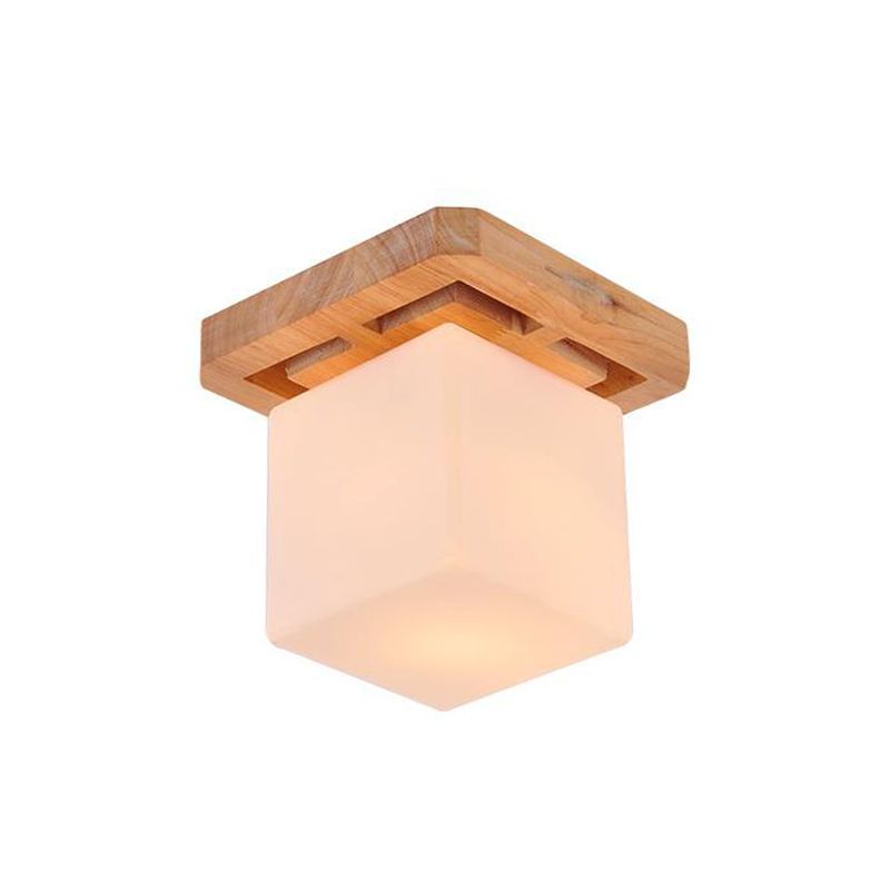 Cube Flush Mount Minimalist Milk Glass Beige LED Flush Mount Lamp with Wood Canopy