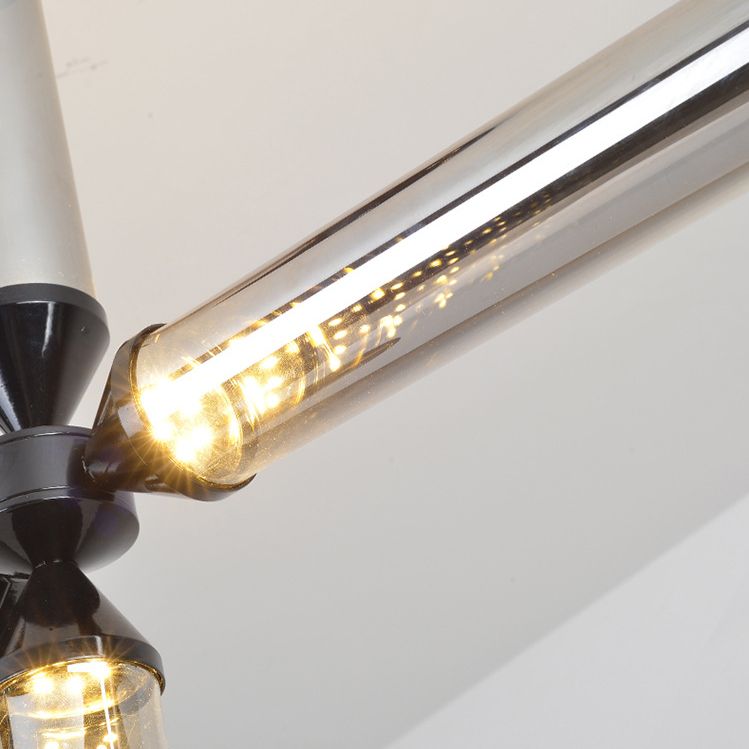 Cylinder Hanging Chandelier Contemporary Metal 9/12/18 Lights Black Pendant Lamp with White/Chrome/Amber Glass Shade