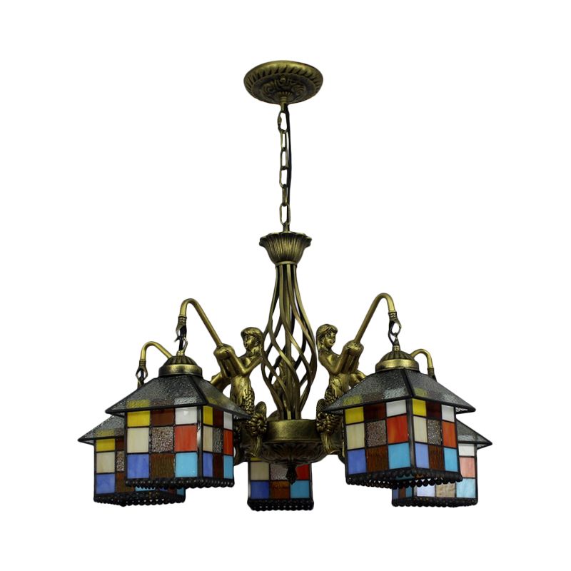 Lustre en Bronze Antique à 5 lumières, luminaire suspendu en verre teinté Tiffany pour salle à manger