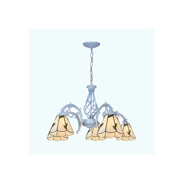 5 Lights Cone Chandelier with Leaf Pattern Height Adjustable Lodge Stained Glass Ceiling Pendant in Beige