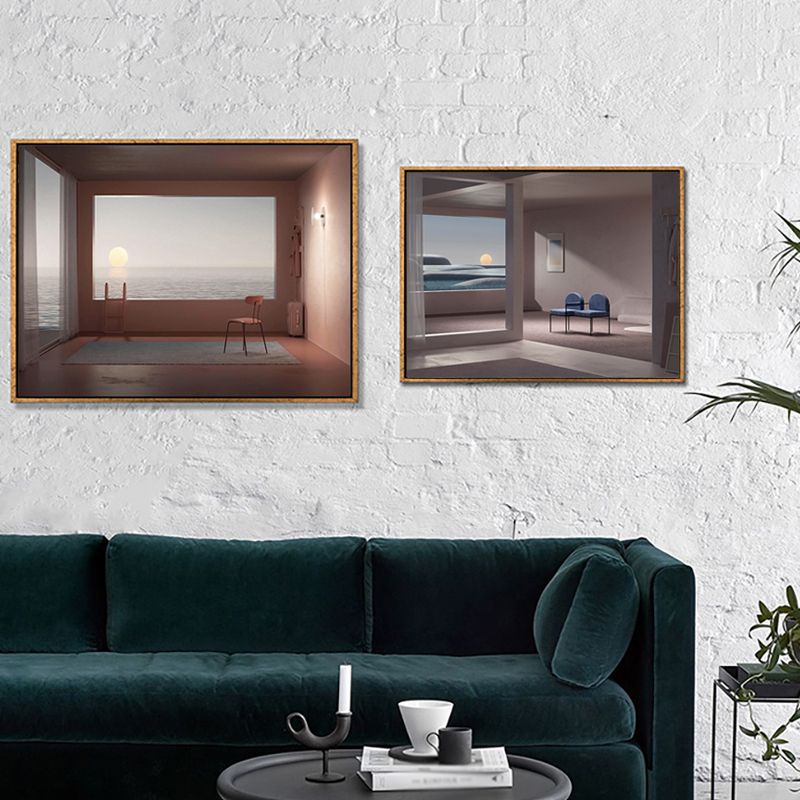 Minimalism Canvas Print Dark Color Mixed Media Empty Room with Sea View Wall Art for Home