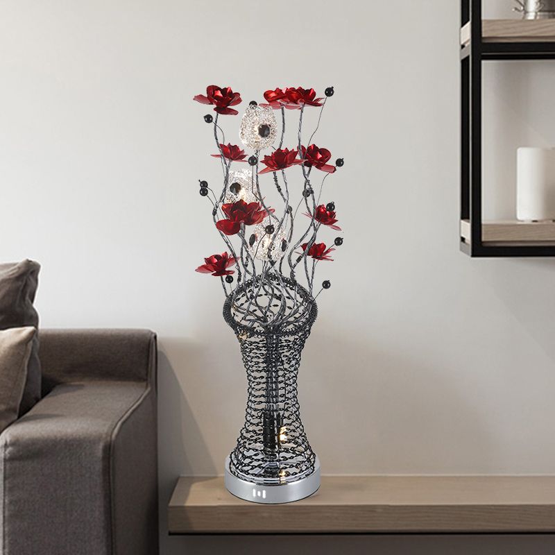 Lámpara de mesa de mesa de columna de ramita decorativa iluminación de escritorio LED de aluminio con decoración de flores en rojo y negro, cálida/blanca luz