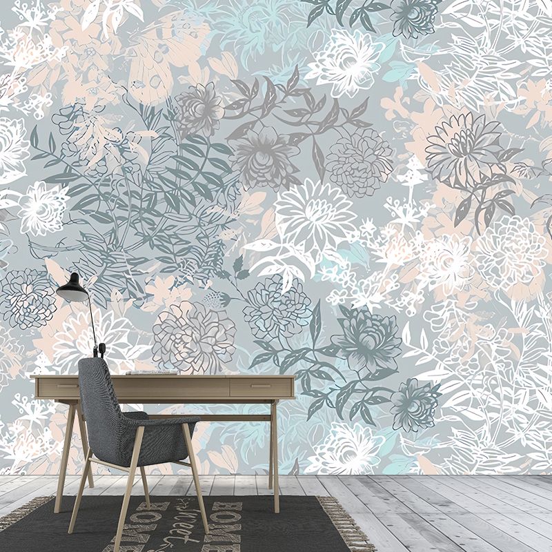 Full Illustration Blossoming Flower Mural for Bedroom in Grey, Customized Size Available