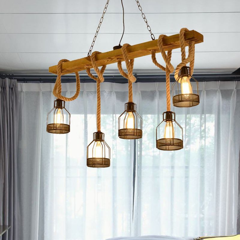 5 Heads Hanging Light Retro Industrial Wire Cage Metal Island Lighting with Adjustable Rope in Brown