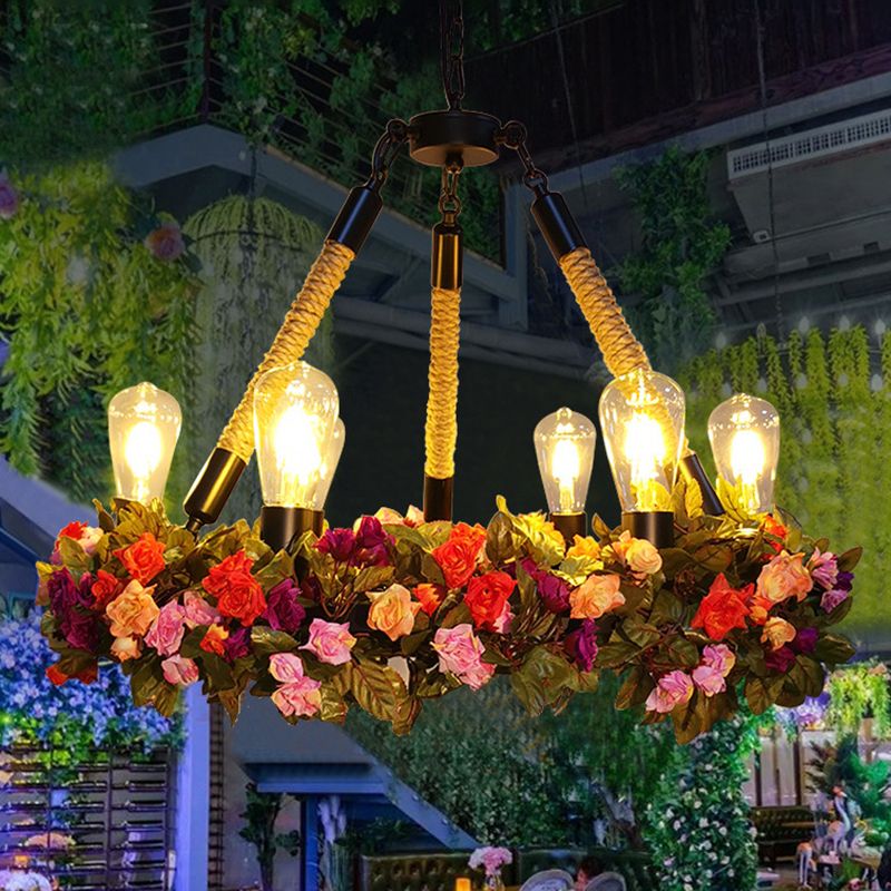 Metal Exposed Bulb Pendant Chandelier Industrial 6-Light Restaurant Pendulum Light with Pink/Green Artificial Floral Deco