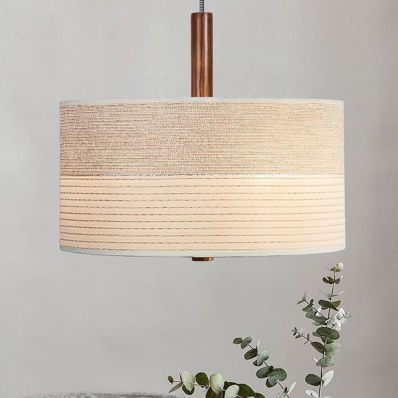 Modernism Drum Chandelier , Cotton And Linen Shade, Adjustable Chain with Wood Accents