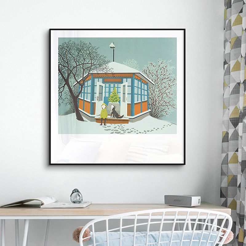 White Snowy House Canvas Art Winter Scenery Kids Textured Wall Decor for Bedroom