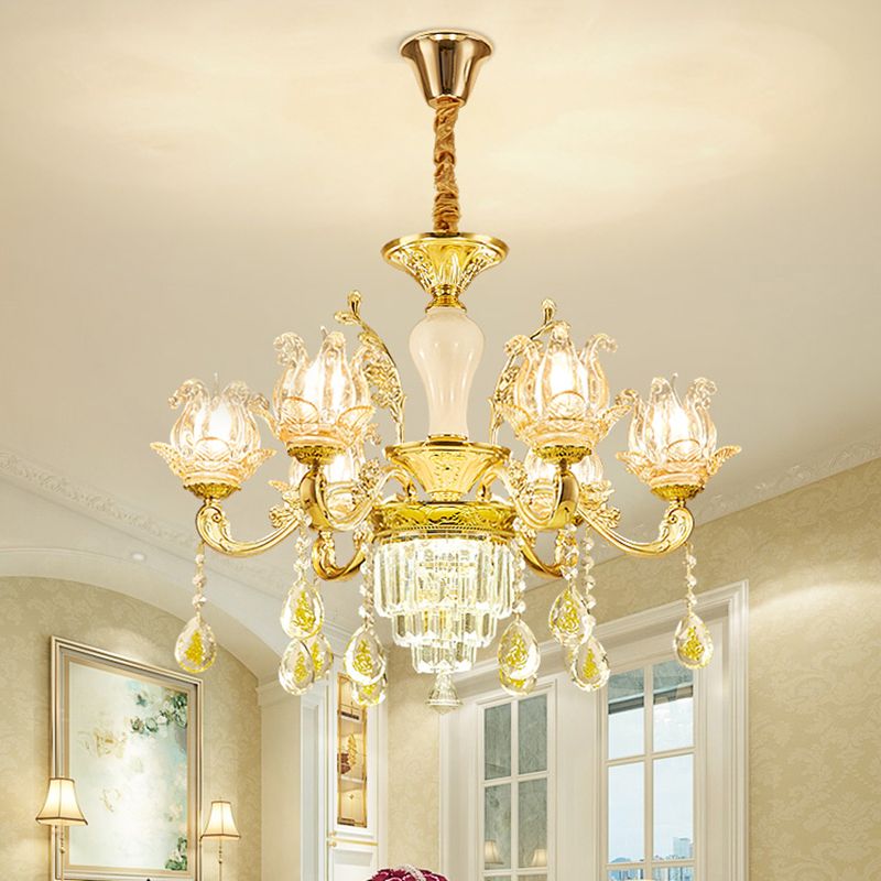 Carved Glass Lotus Shape Hanging Lamp Traditional Bedroom Chandelier with Crystal Accents in Gold