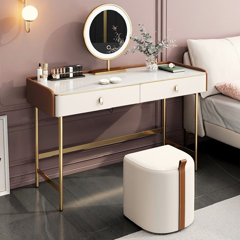 Luxurious Vanity Set 2 Storage Drawers with Gold Base in White