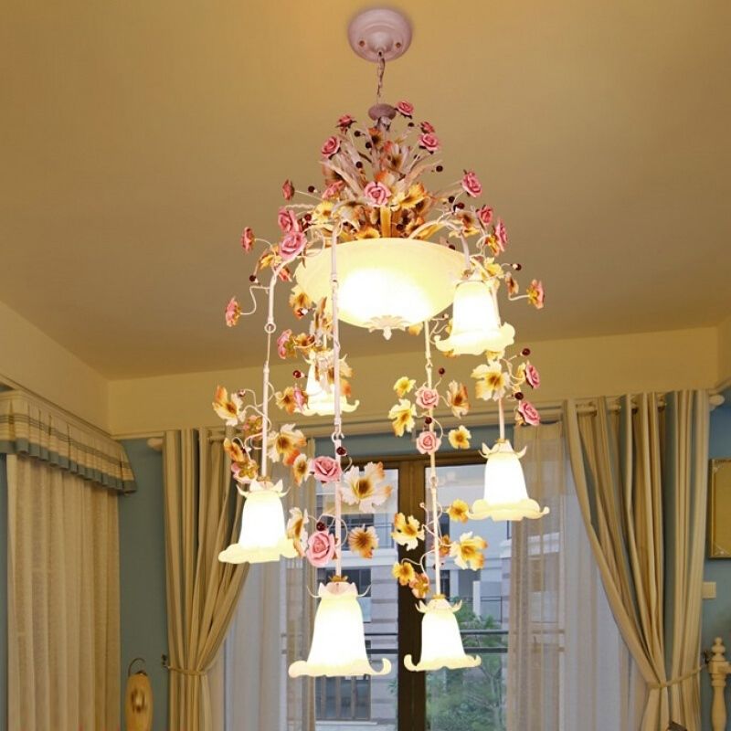Roseweißglas Deckenlampe Romantische Pastoral 10 Lampen Foyer Kronleuchter Beleuchtung