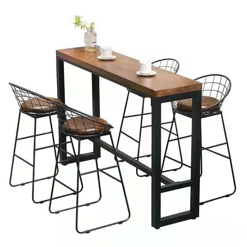 Brown Modern Style Bar Table Solid Wood and Iron with Footrest Coffee Shop Table