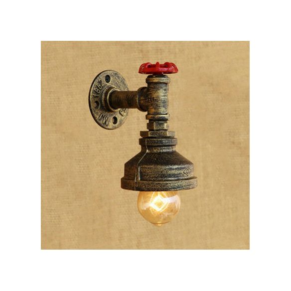 Water Pipe Metal Wall Lighting Rustic Style 1 Light Restaurant Wall Mounted Lamp with Red Valve in Bronze/Antique Brass