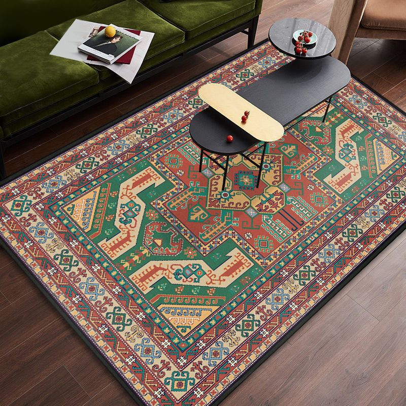 Persian Tribal Patterned Rug Multi-Color Polyester Carpet Stain Resistant Pet Friendly Anti-Slip Backing Rug for Bedroom