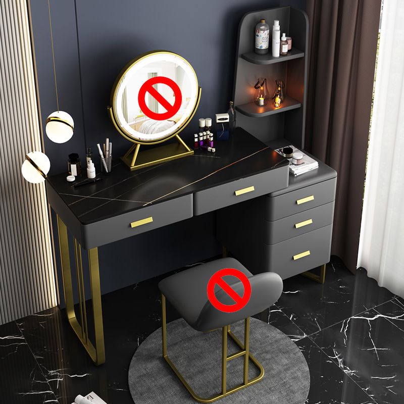 5 Wood Drawers Vanity Set with Stool in Grey Stone Top Dressing Table