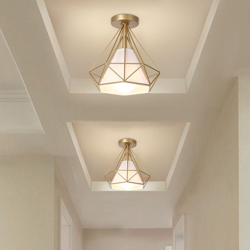 Diamond Cage Semi Flush Mount Light Fixture Industrial Iron Ceiling Mounted Fixture for Corridor